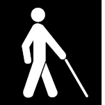 Figure 4.4.7.2b: Pictograms. Design criteria for pictograms. Shows a picture of a person walking with a white cane. Dimensions and other criteria are stated within the design requirement text.