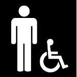 Figure 4.4.7.2c: Pictograms. Design criteria for pictograms. Indicates  male accessible facilities, showing a pictogram of a man, with the Universal Symbol of Accessibility adjacent to the man. Dimensions and other criteria are stated within the design requirement text.