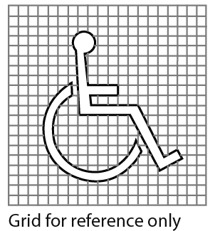 Figure 4.4.7.4: International Symbol of Access. Design criteria for the international symbol of access. Shows the pictogram of a stick-person sitting in a wheelchair on a grid. Dimensions and other criteria are stated within the design requirement text.