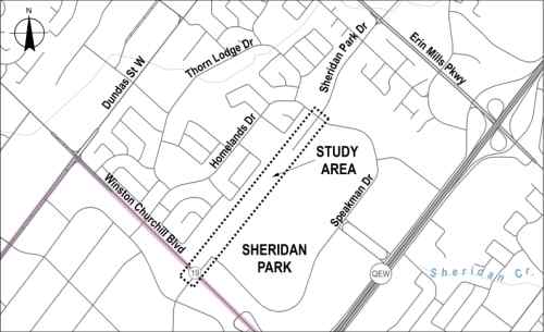 Map of the study area along Winston Churchill Boulevard and Sheridan Park