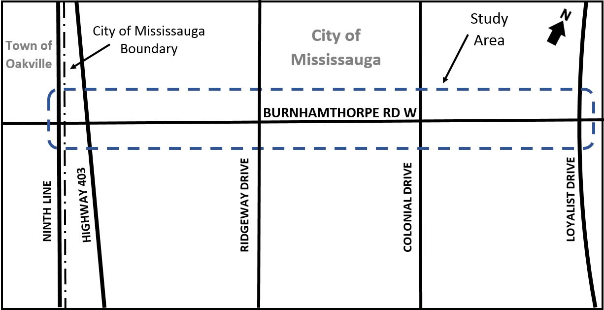 Map of the study area along Burnhamthorpe Road West